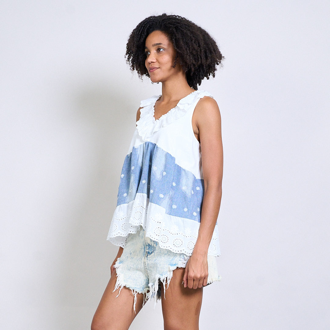 Heidi layered broderie and denim  contrast ruffle top Cork Ireland