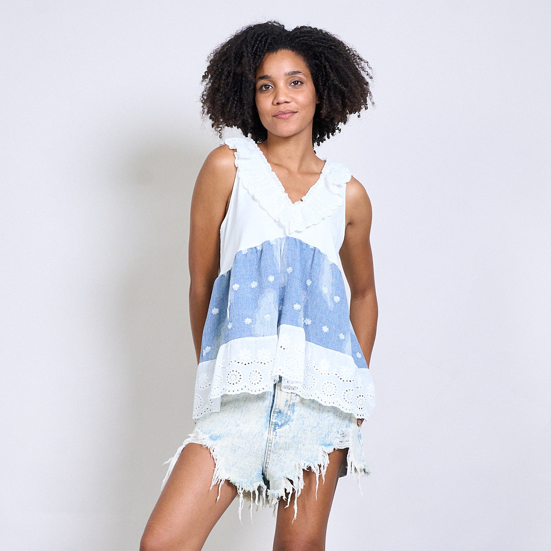 Heidi layered broderie and denim  contrast ruffle top Cork Ireland