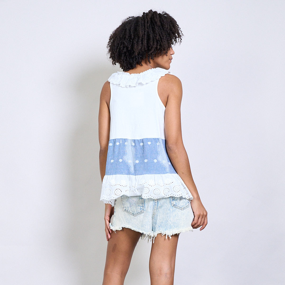 Heidi layered broderie and denim  contrast ruffle top Cork Ireland
